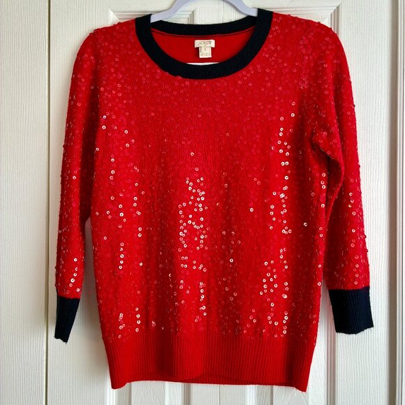 J Crew Red Christmas Sweater Sequin Crew Neck Women's Small Long Sleeve - Picture 1 of 11